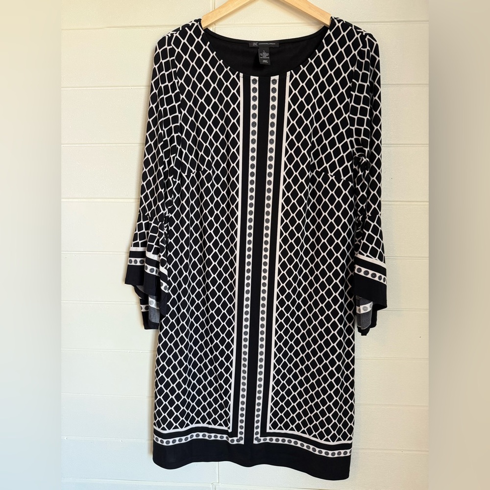 INC International Concepts Patterned 3/4 Bell Sleeve Scoop Lined Neck Dress